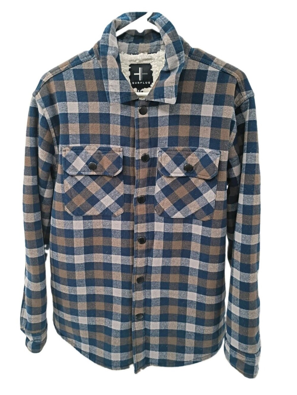 Surplus Flannel Shacket Mens Medium Sherpa Lined Snap Up Plaid Workwear Outdoor